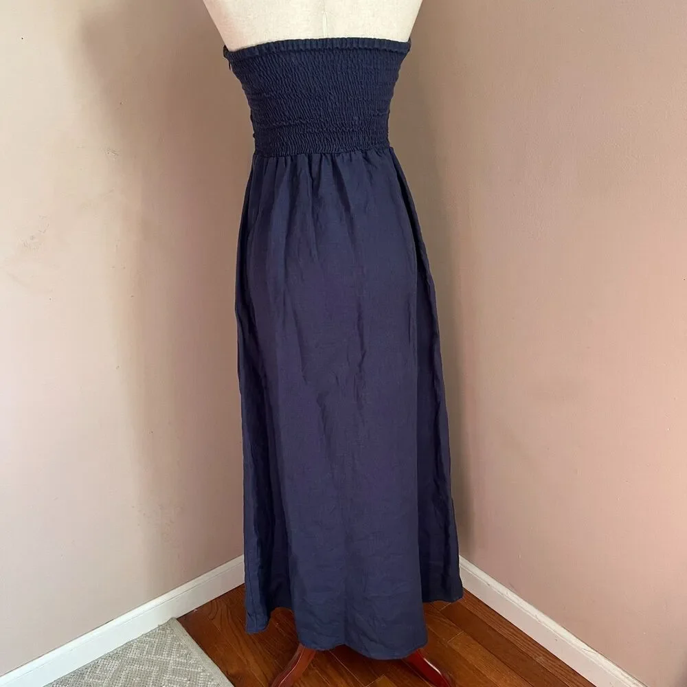 Faithfull The Brand Das Flores Navy Linen Strapless Maxi Dress‎ Euro Summer Sz S